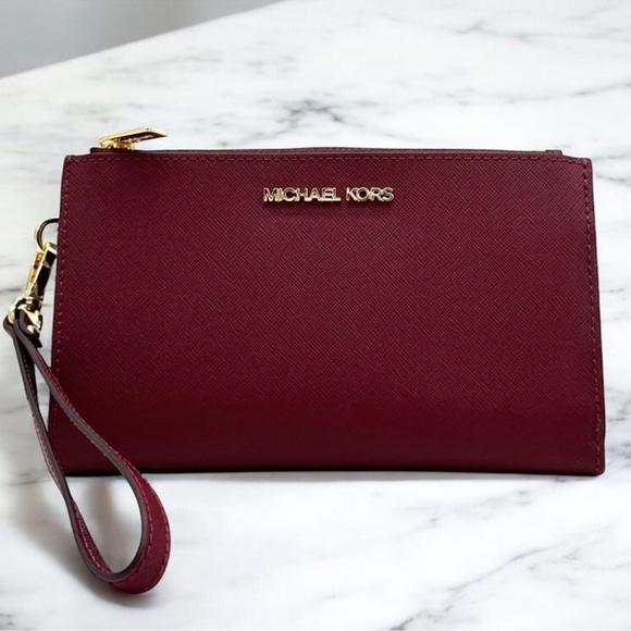 Michael Kors Large Jet Set Travel Double Zip Wallet Dark Cherry - Picture 1 of 9